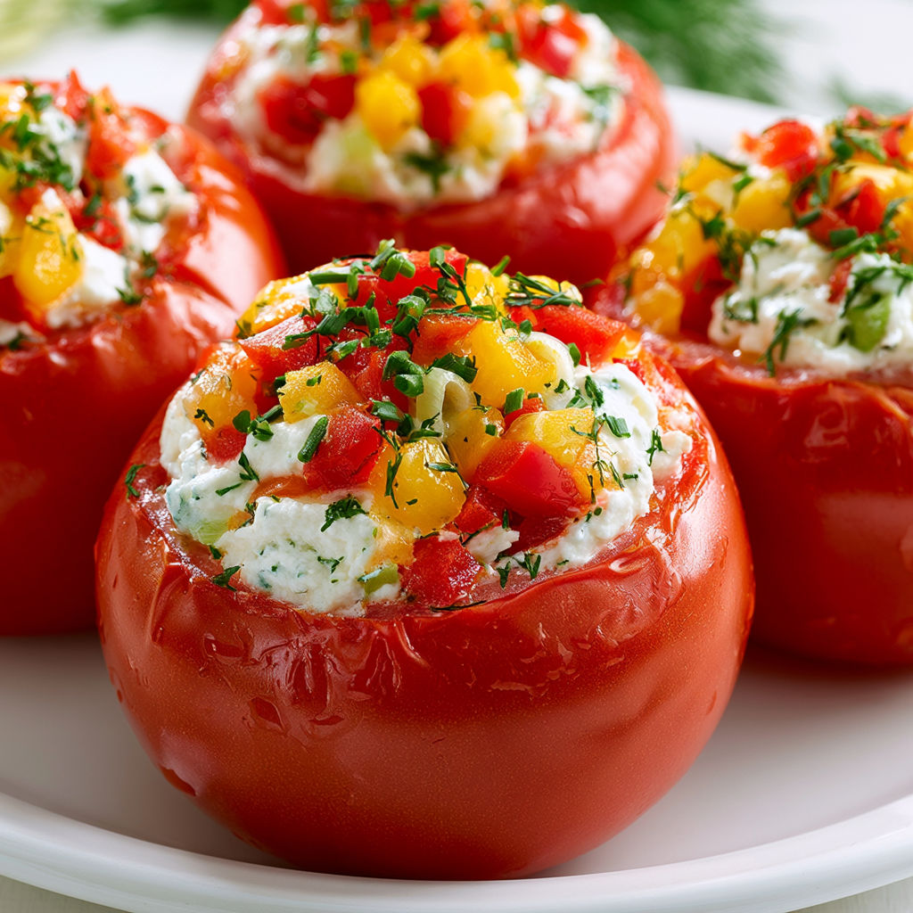 Tomates farcies froides avec garniture onctueuse et goûteuse.
