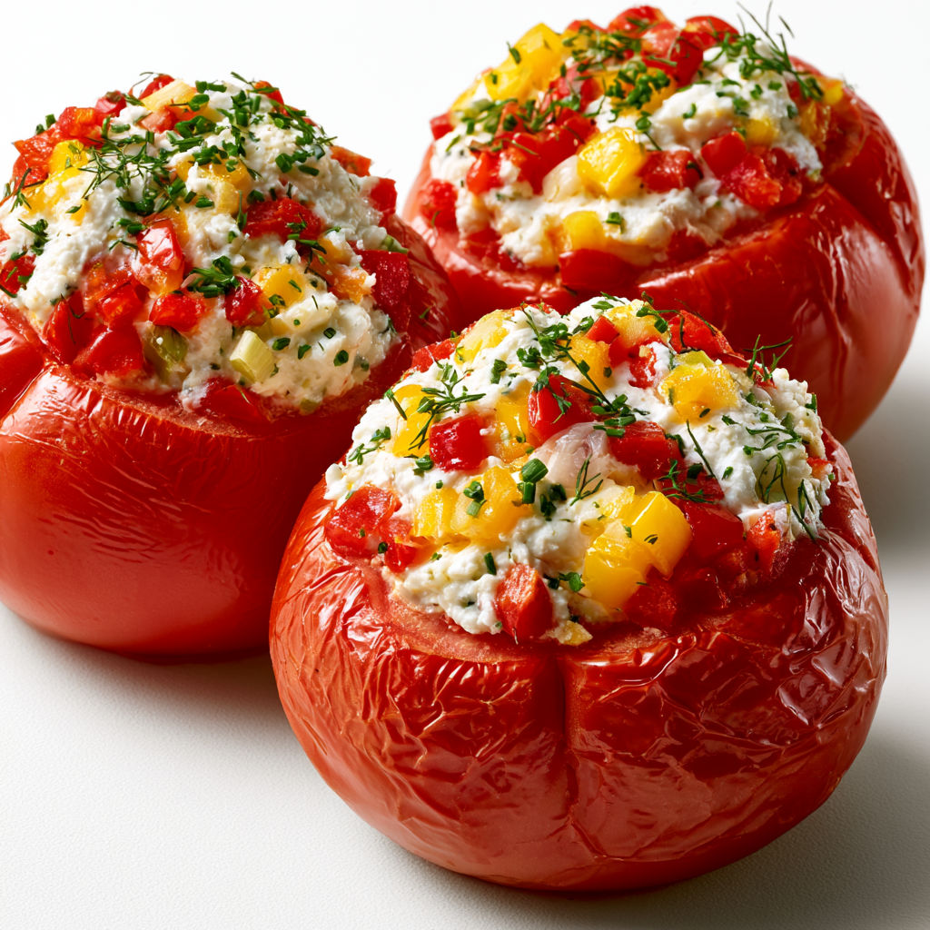 Tomates farcies froides avec ricotta et mozzarella, légères et pleines de fraîcheur.
