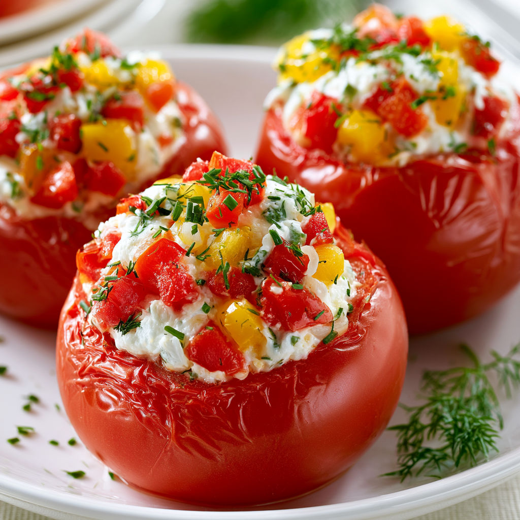 Tomates farcies fraîches avec herbes et légumes croquants, prêtes en 20 minutes.