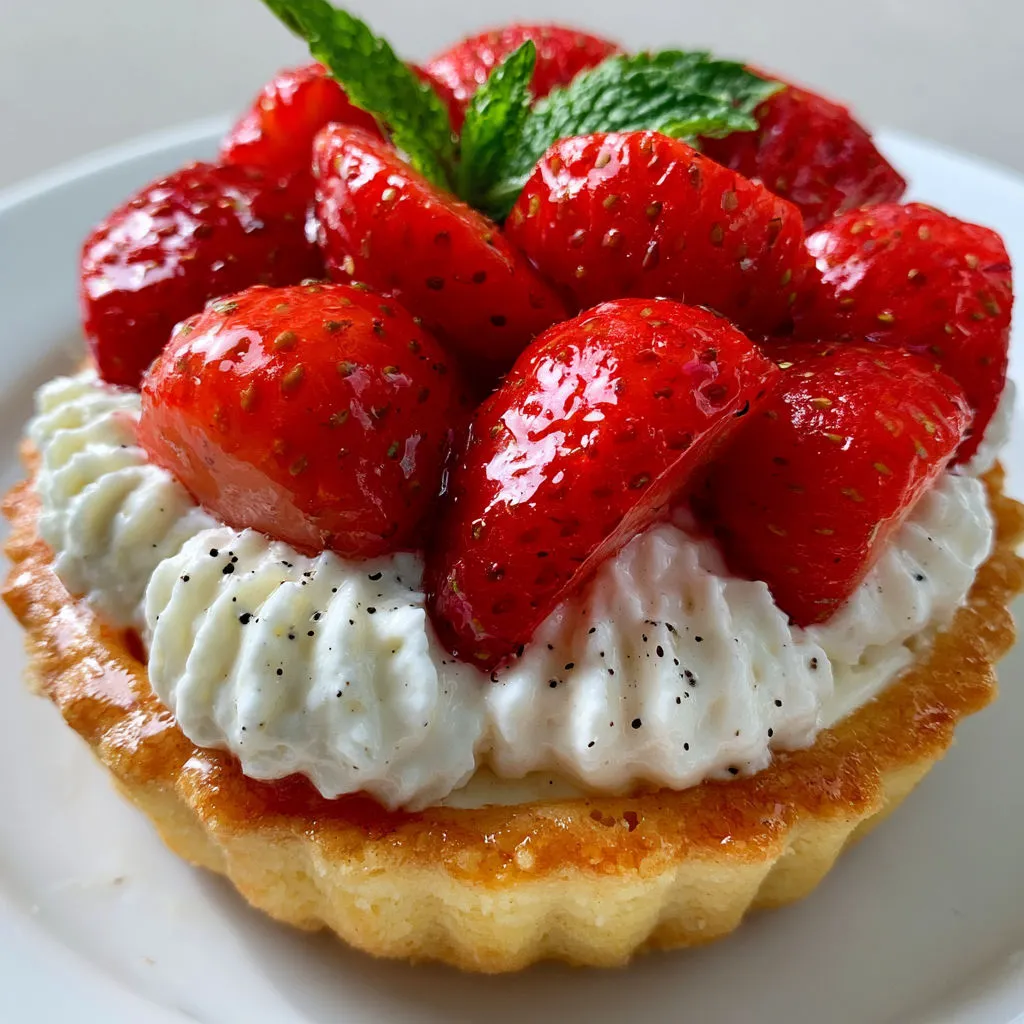 Tarte sablée façon maison, fraises fraîches et crème légère à la vanille.