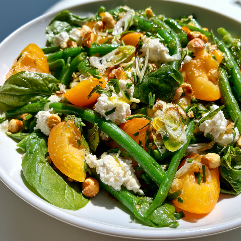 Mélange coloré de haricots verts, abricots et chèvre pour un déjeuner d'été léger.