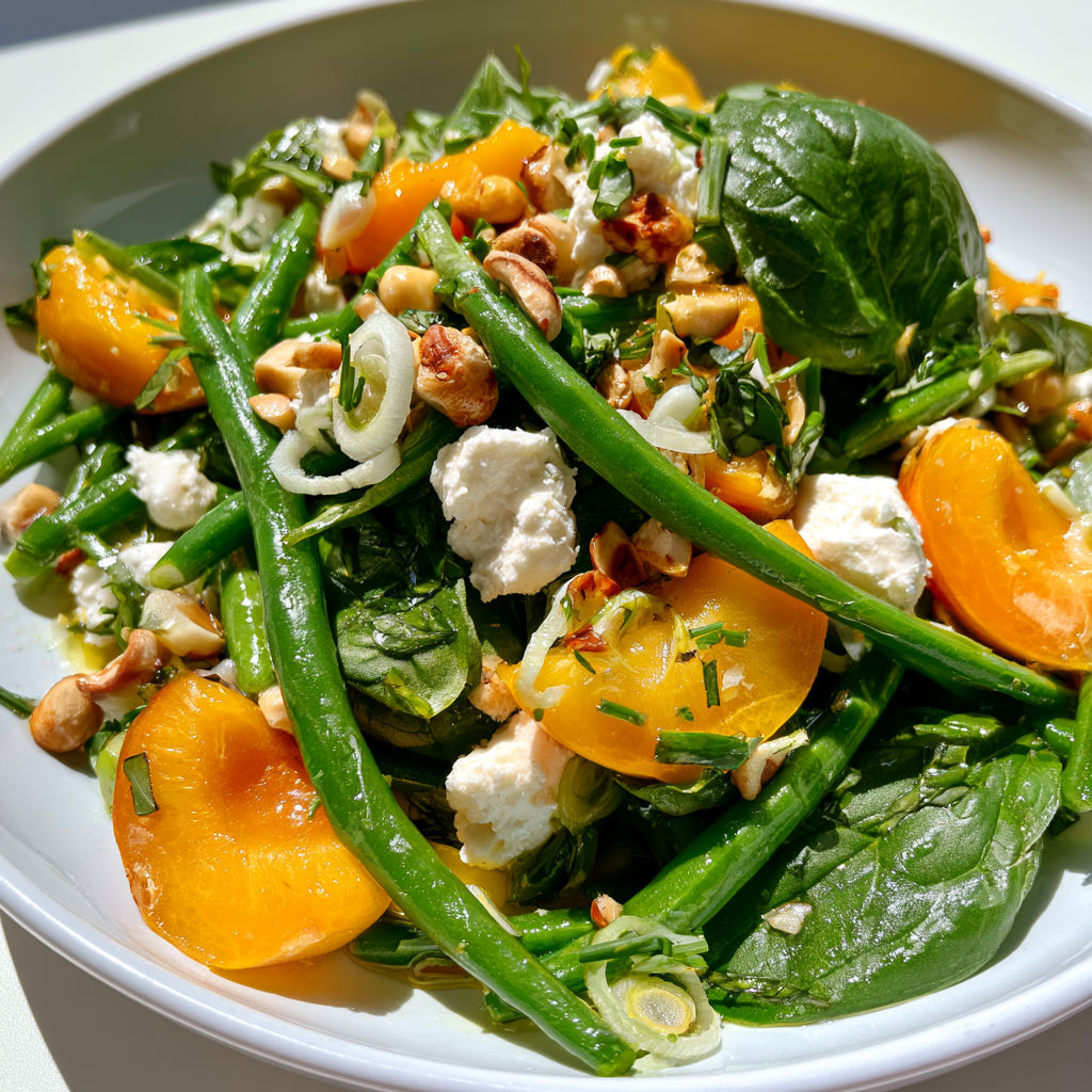Salade fraîche aux haricots verts, abricots et chèvre, parfaite en été.