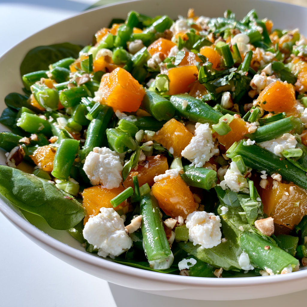 Salade estivale gourmande avec haricots verts, abricots et chèvre frais.