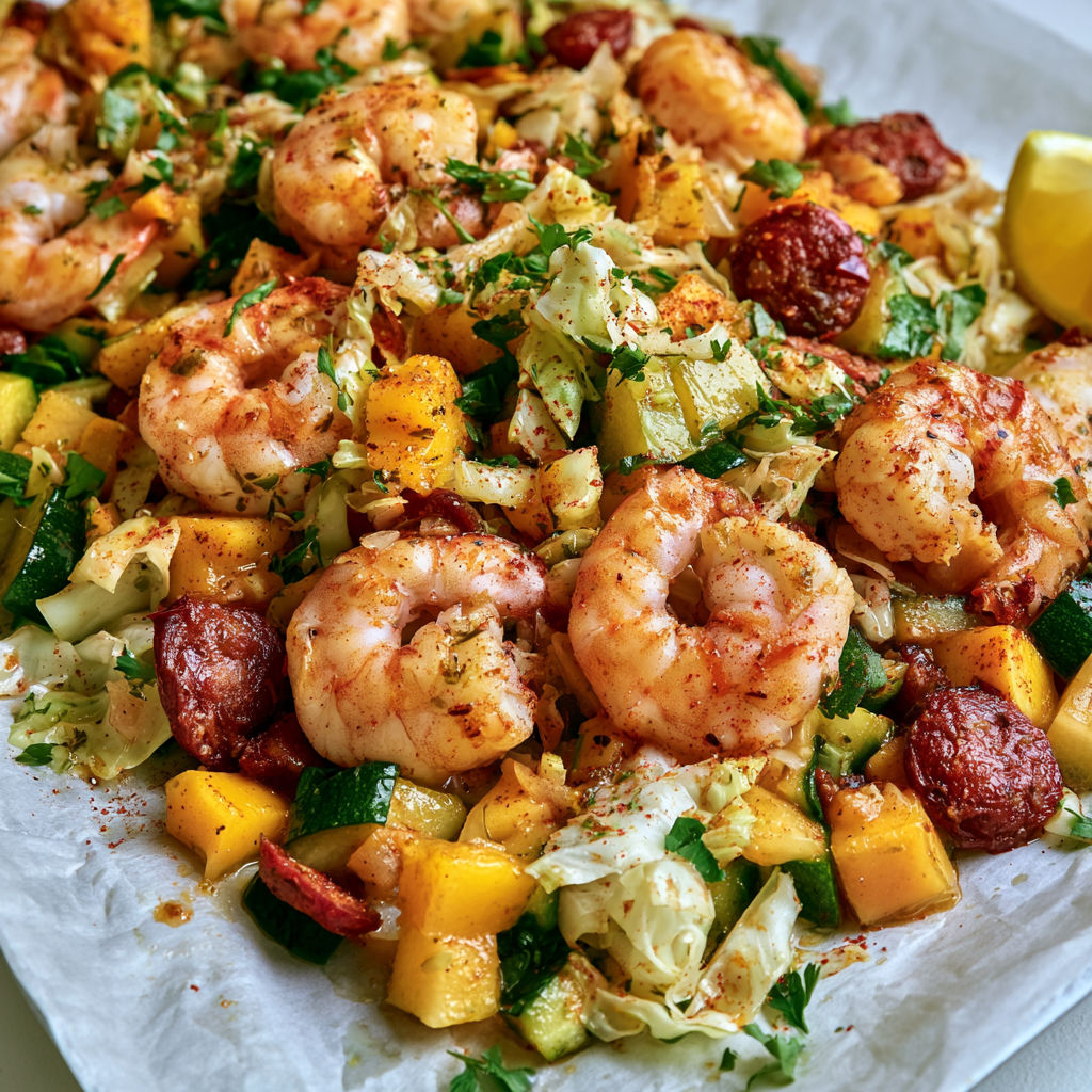 Plat au four avec chorizo, mangue, crevettes et courgettes, plein de couleurs et saveurs.