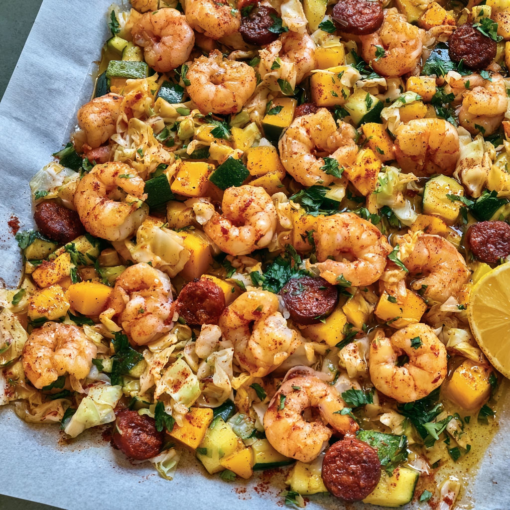 Crevettes, chorizo, mangue et courgettes cuits ensemble goût sucré-salé inoubliable.