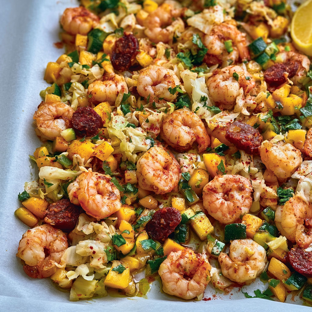 Poêlée de crevettes au chorizo avec mangue et légumes frais tout en douceur.