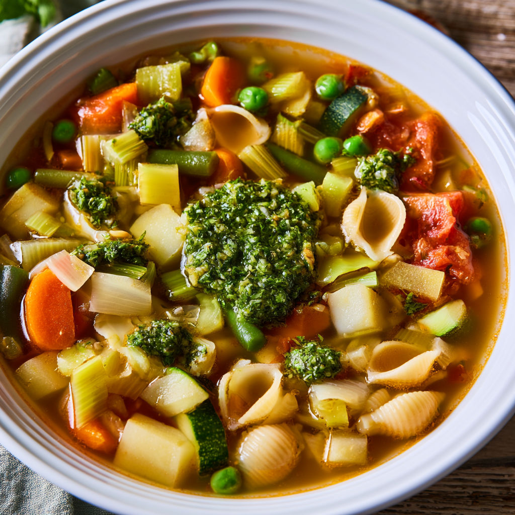 Un bol de soupe au pistou grand-mère avec une touche de basilic frais.