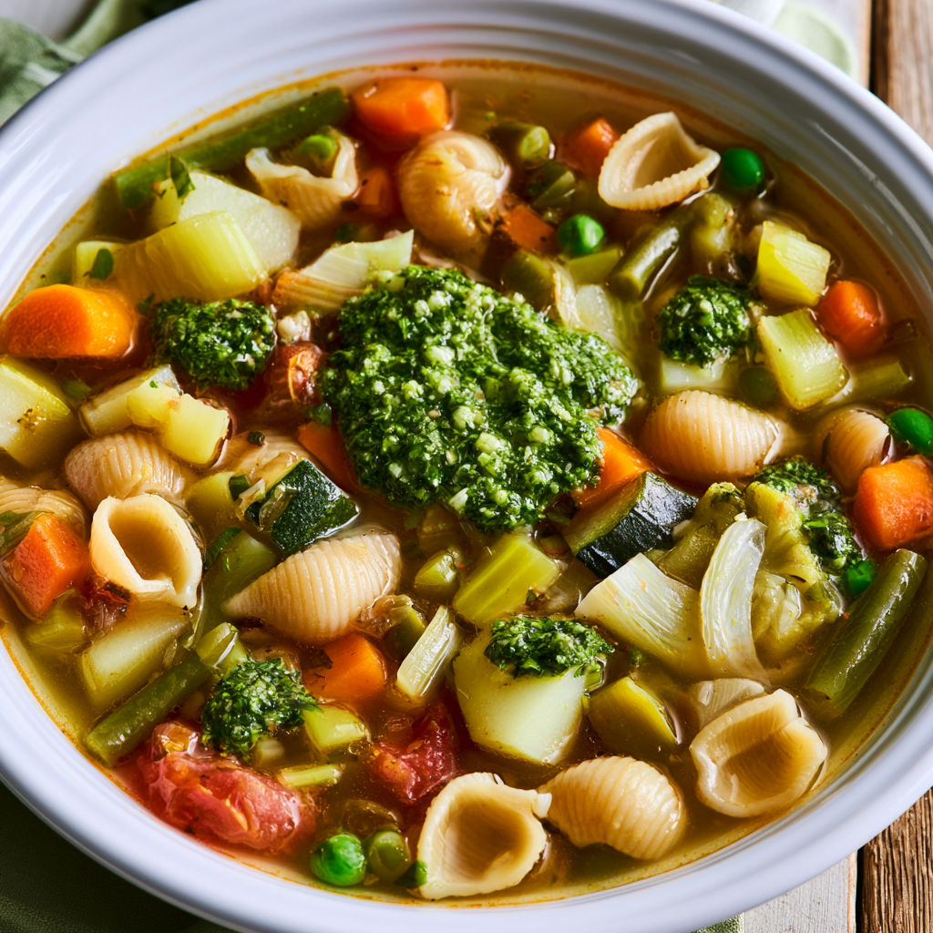 Soupe pistou classique pleine de légumes d’été et basilic goûteux.