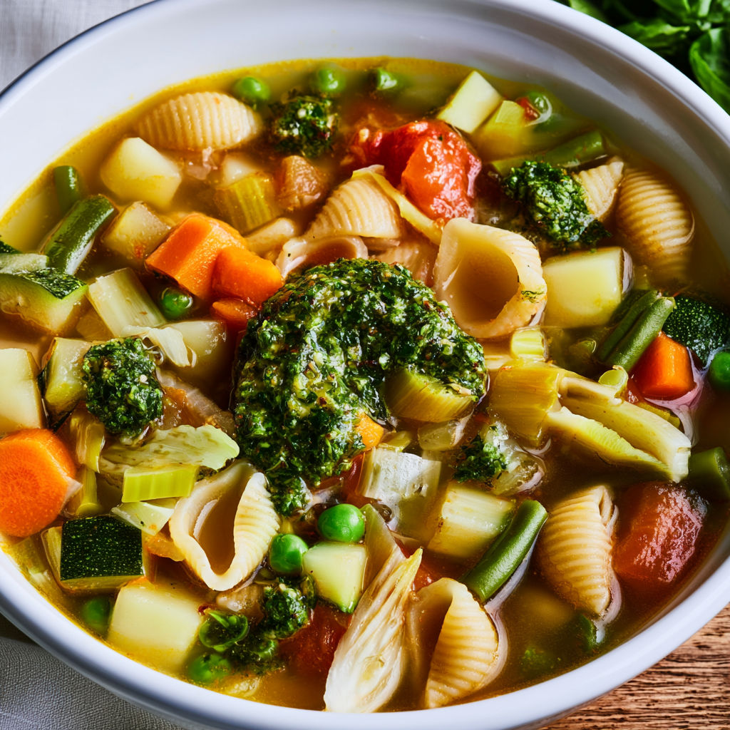 Soupe au pistou maison, pleine de légumes frais et pistou crémeux.