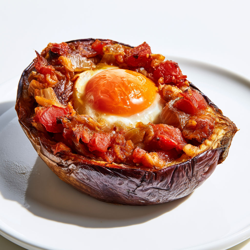 Aubergine garnie avec un œuf délicat.