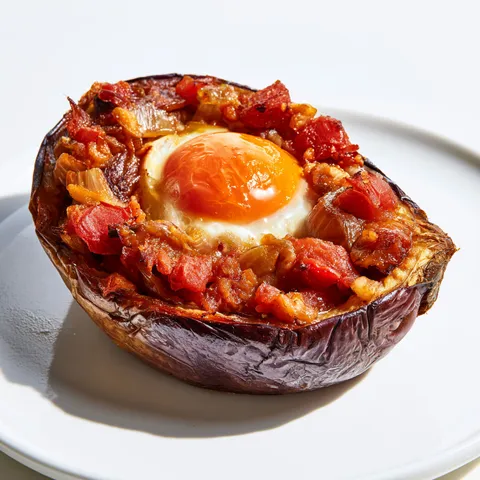 Aubergine garnie avec un œuf délicat.