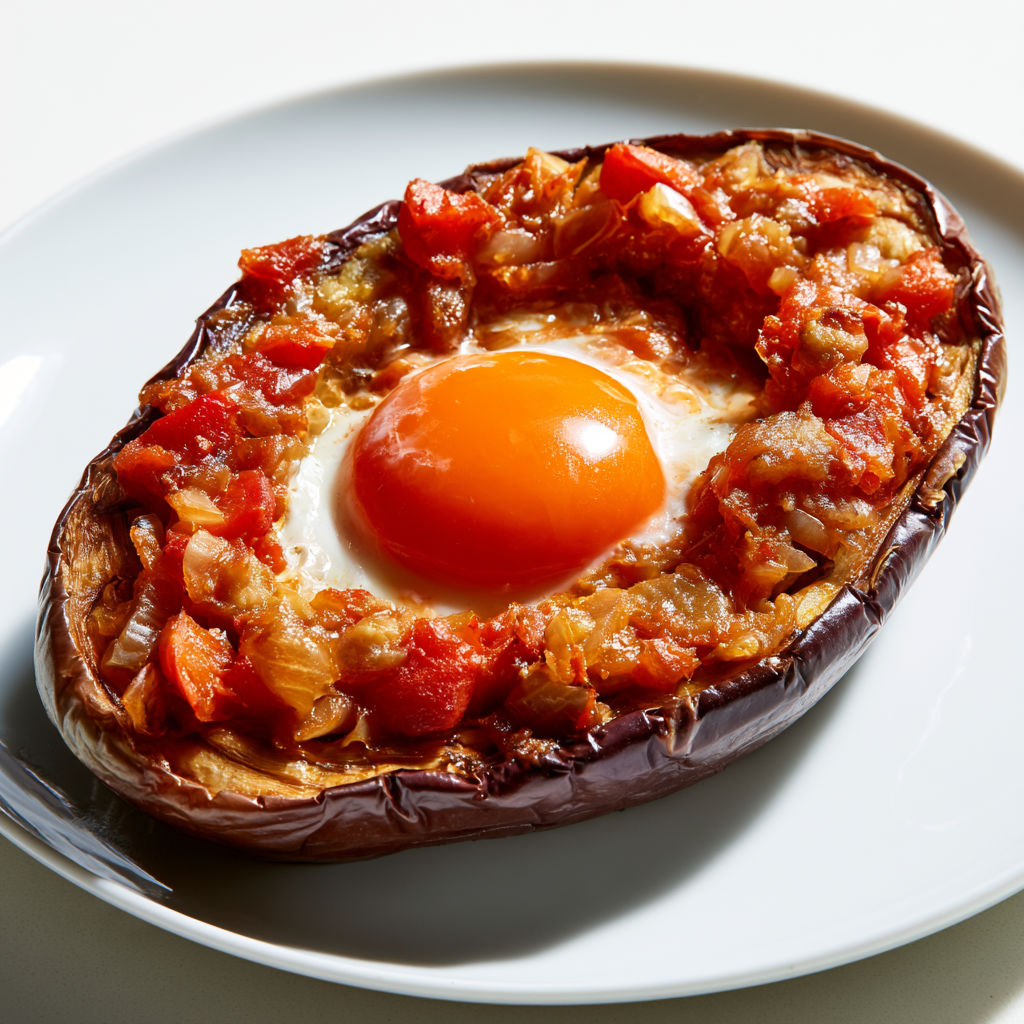 Un poivron rempli de légumes et d’œuf, avec des tomates autour.