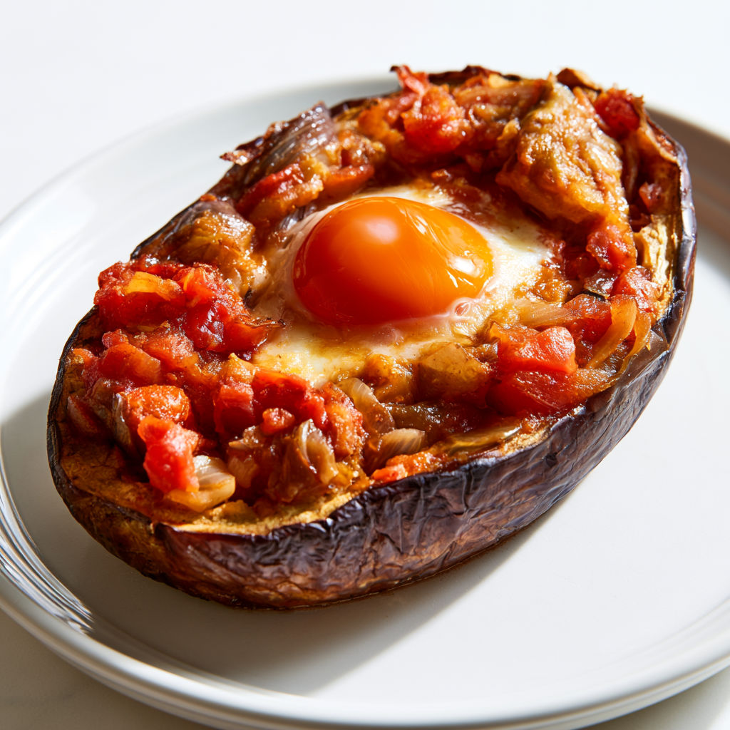 Une aubergine garnie de légumes et œuf, nappée de sauce tomate sur un plat.