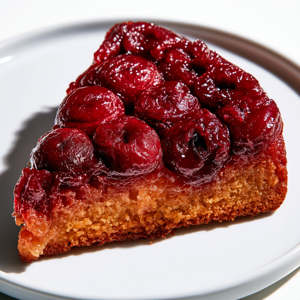 Part de tatin aux cerises servie sur une assiette.