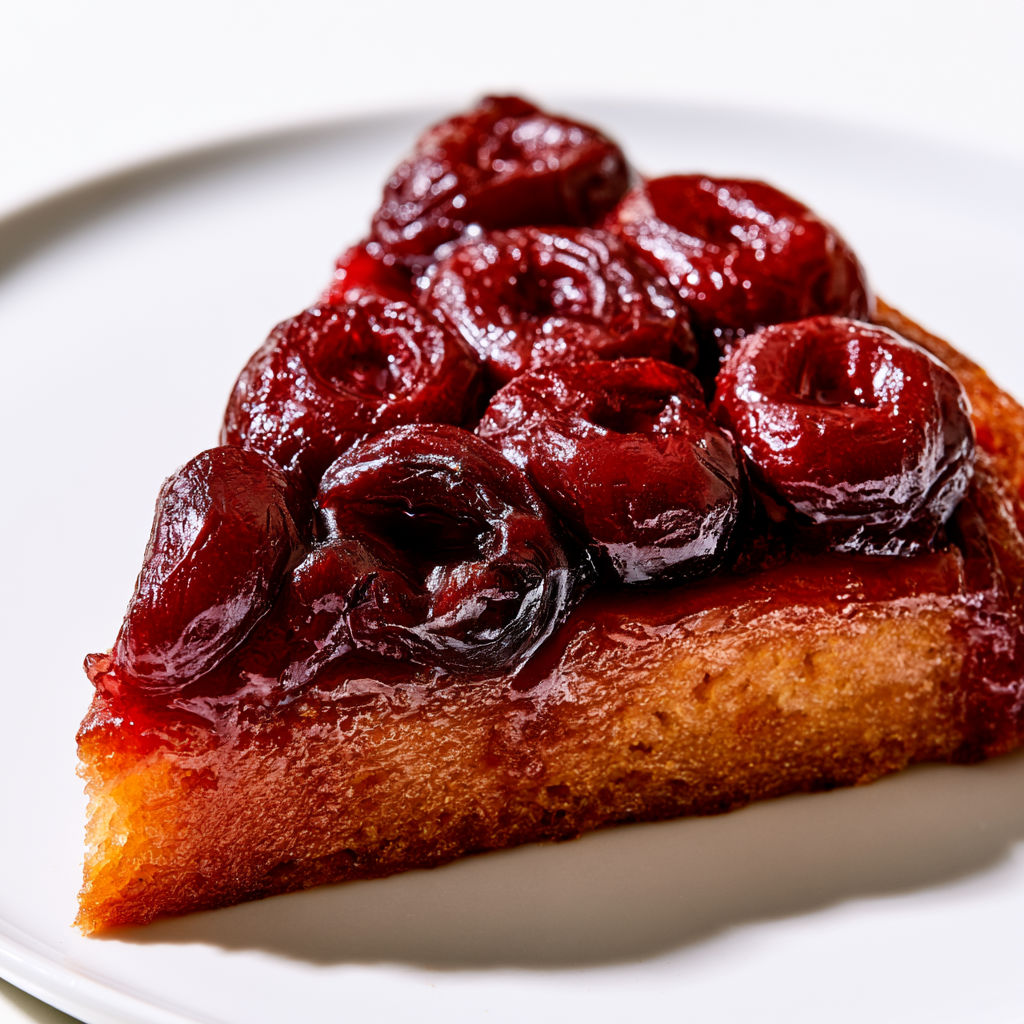 Une part de gâteau cerises sur un plateau.