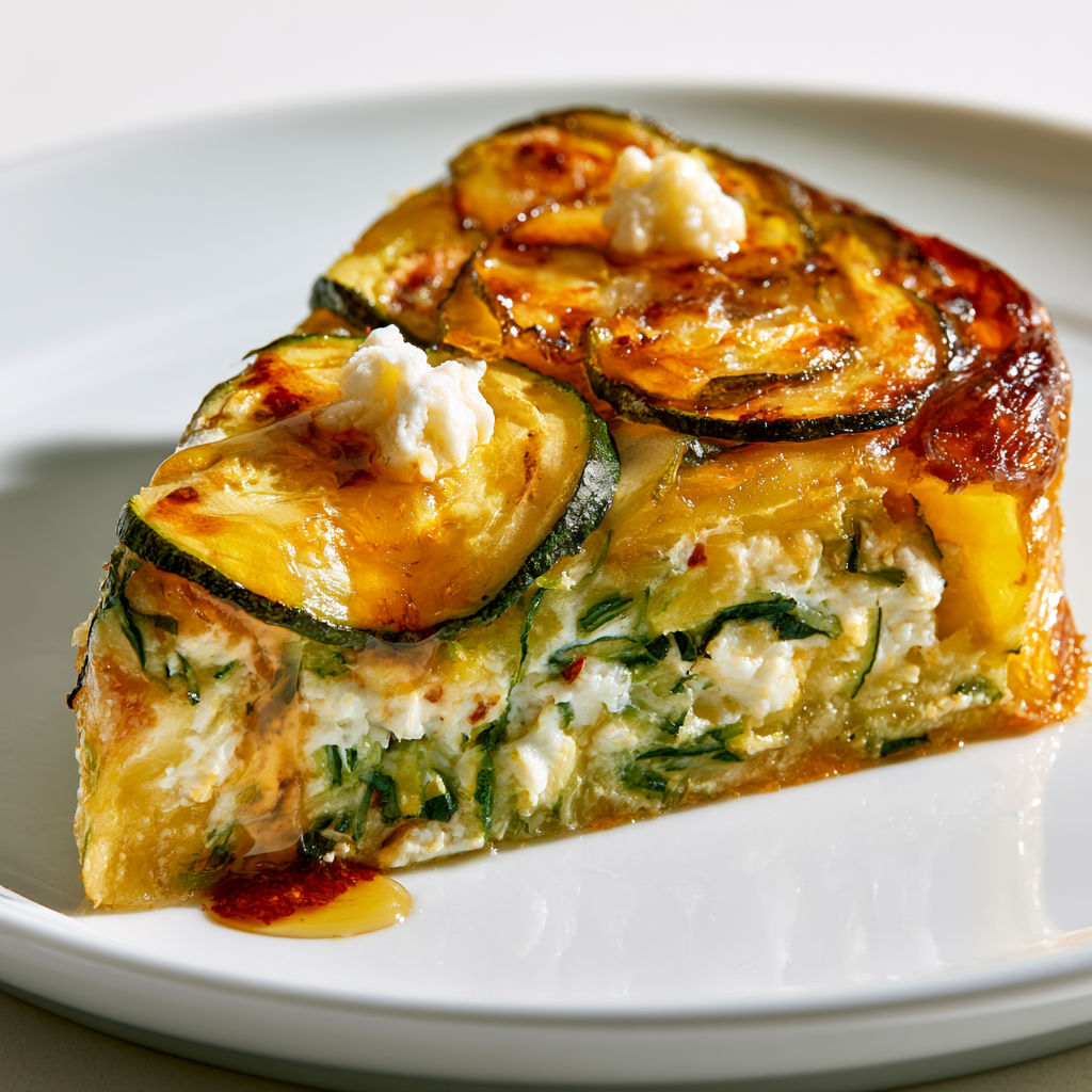 Une part de tatin de courgettes sur une assiette.