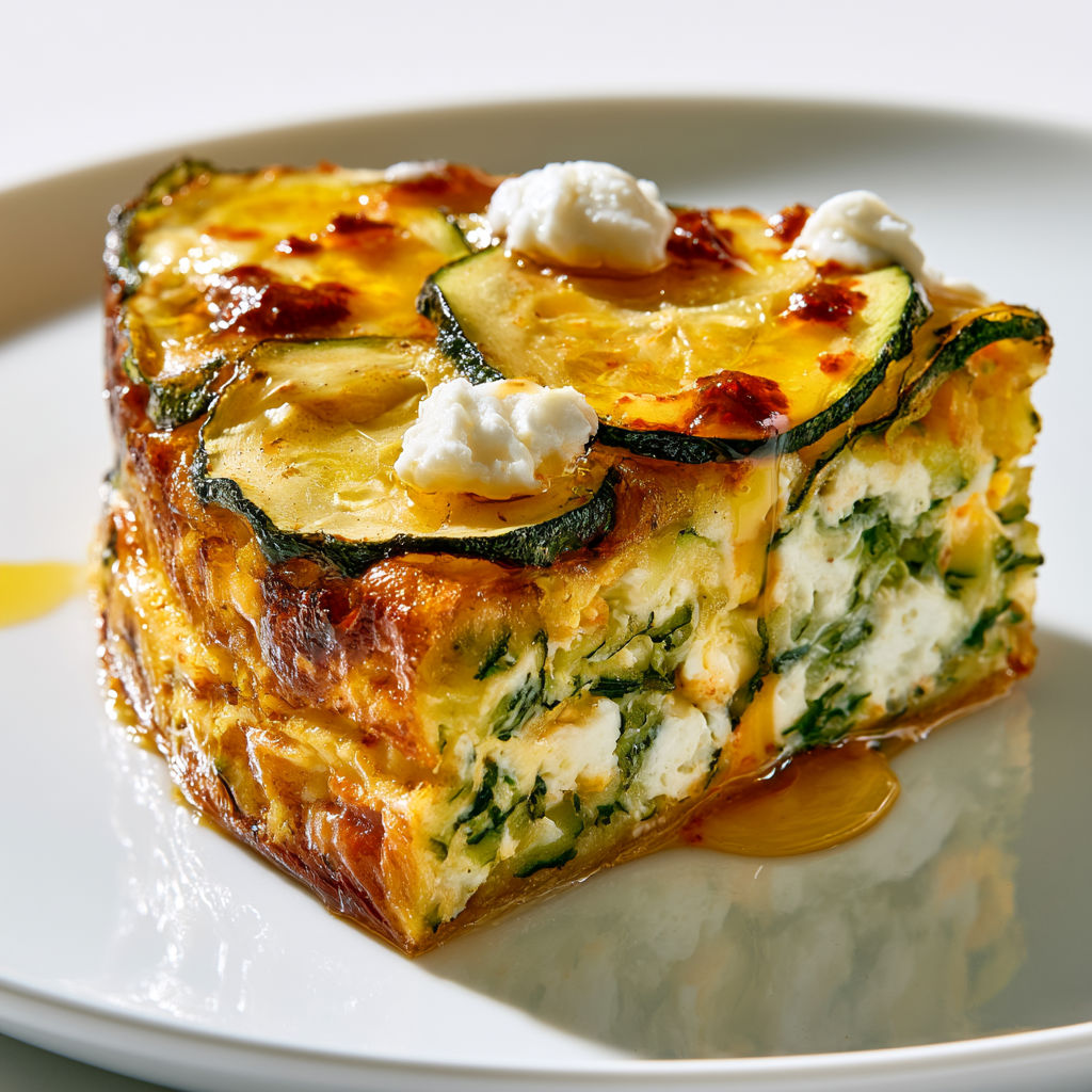 Un superbe tatin de courgettes servi sur un grand plat, bien doré.