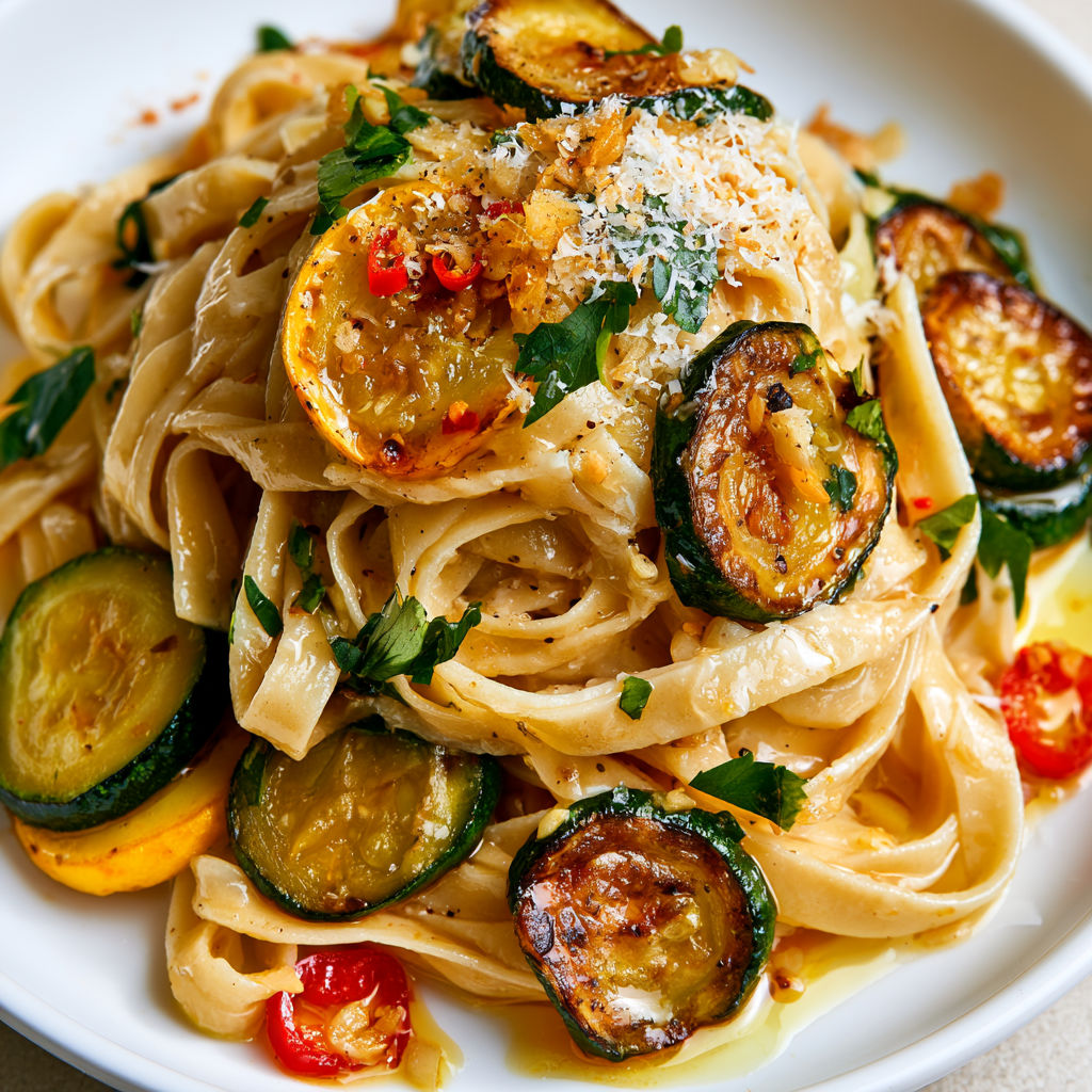 Assiette de pâtes avec courgettes sautées, ail, parmesan et piment.