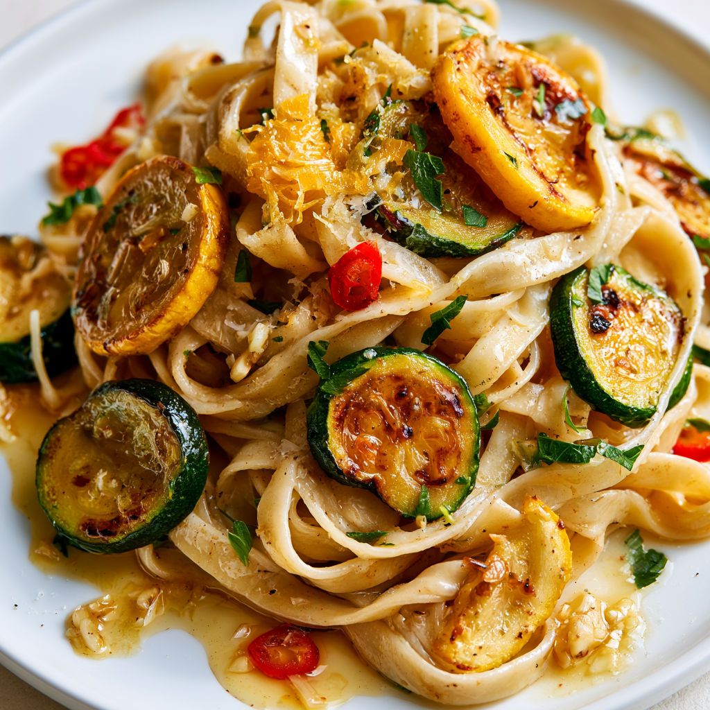 Tagliatelles aux courgettes grillées, ail, parmesan et piment servies en moins de 30 minutes.