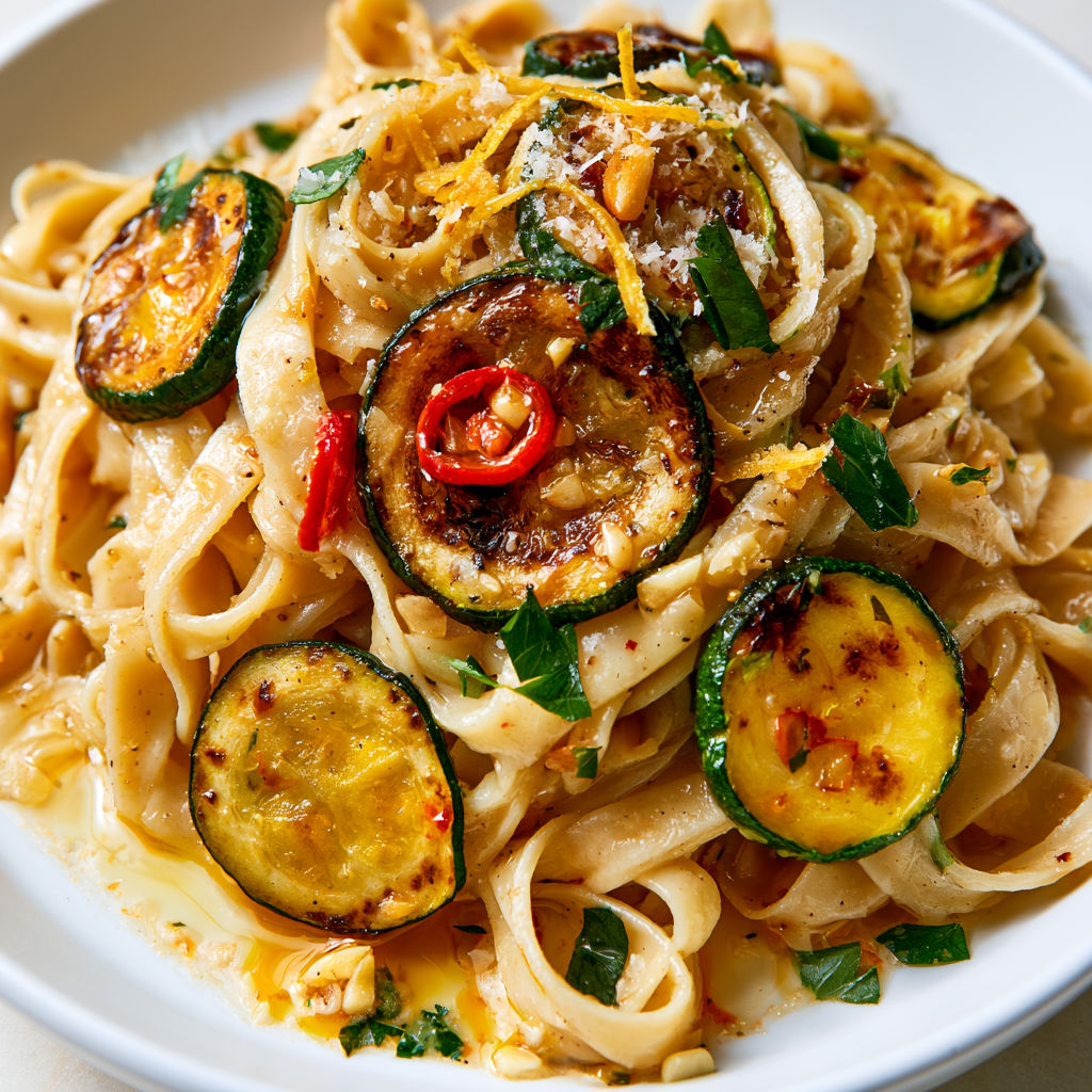 Pâtes aux courgettes grillées avec parmesan fondant et touche de piment, vraiment gourmandes.