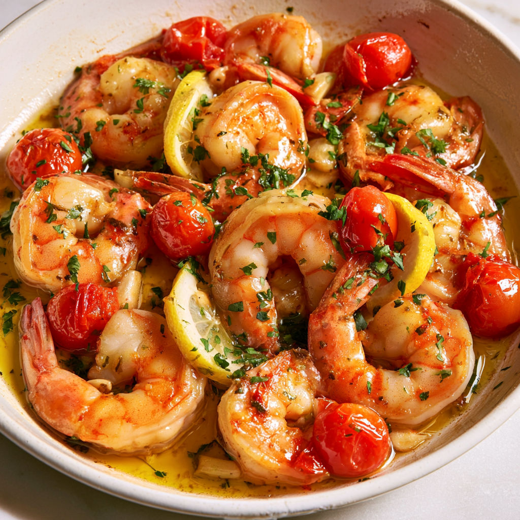 Bol de crevettes sautées avec ail, citron et tomates cerises.