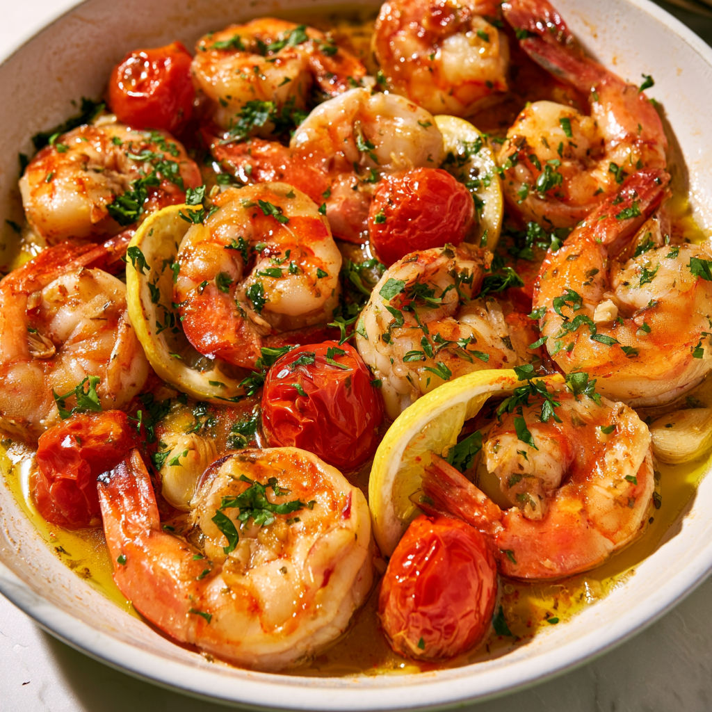 Crevettes poêlées à l'ail, citron et tomates cerises dans une sauce du sud.