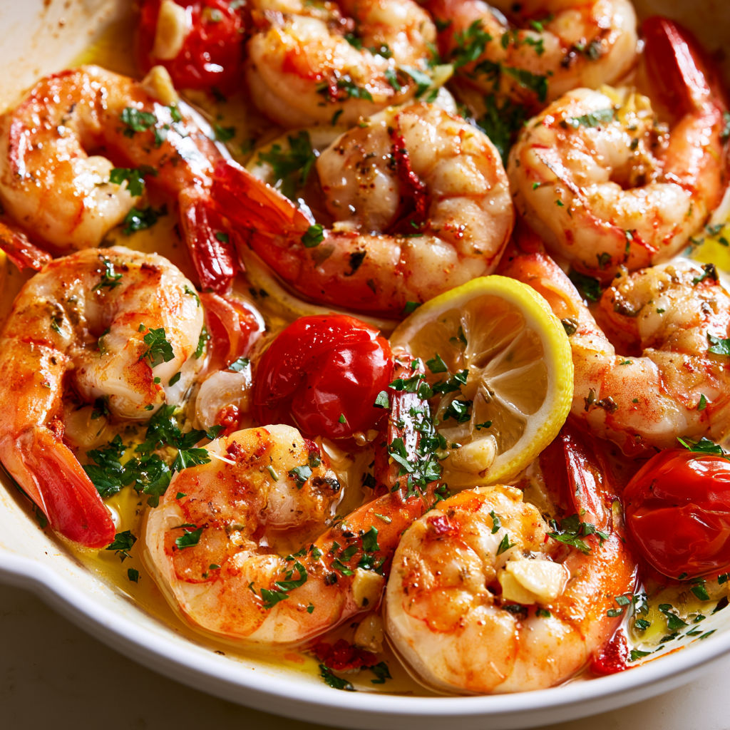 Jolies crevettes dorées à l'ail et citron avec tomates cerises fondantes.