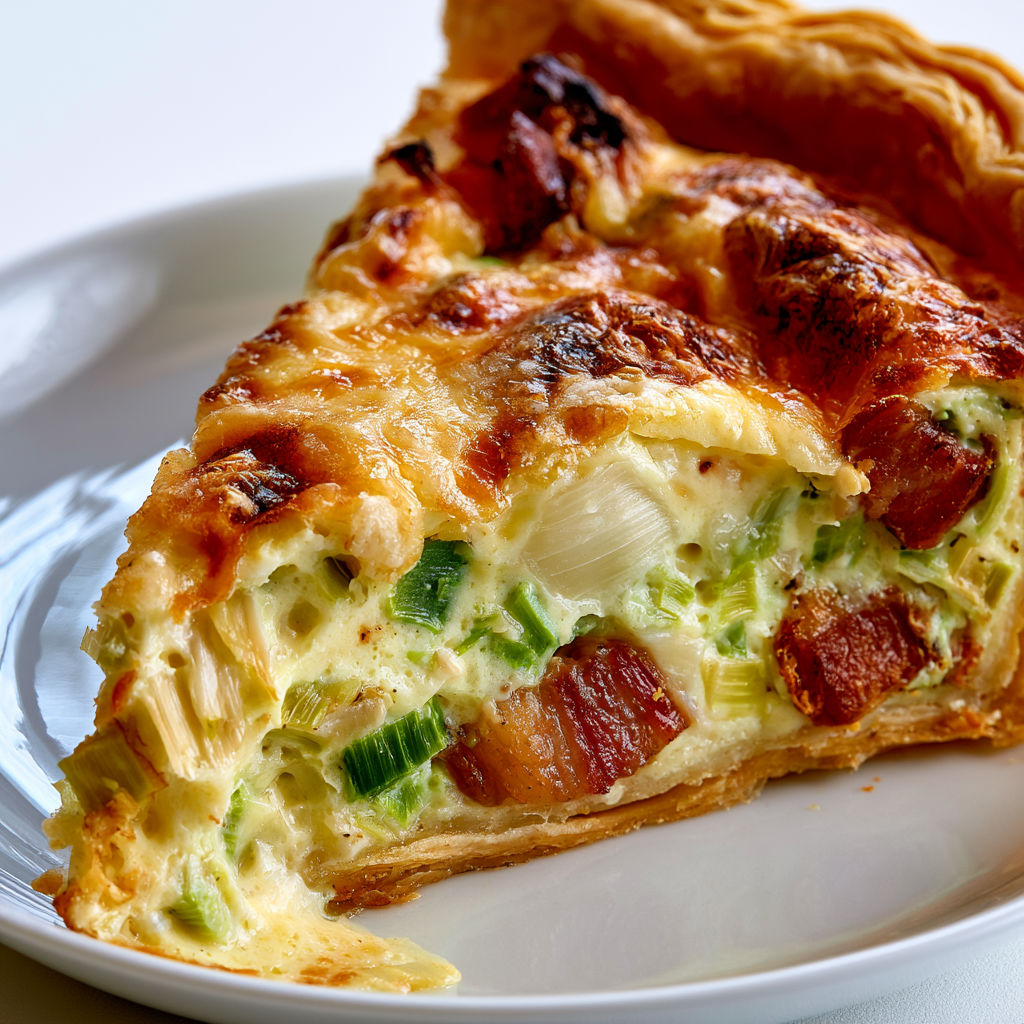 Une tarte aux lardons et poireaux servie sur un plateau.