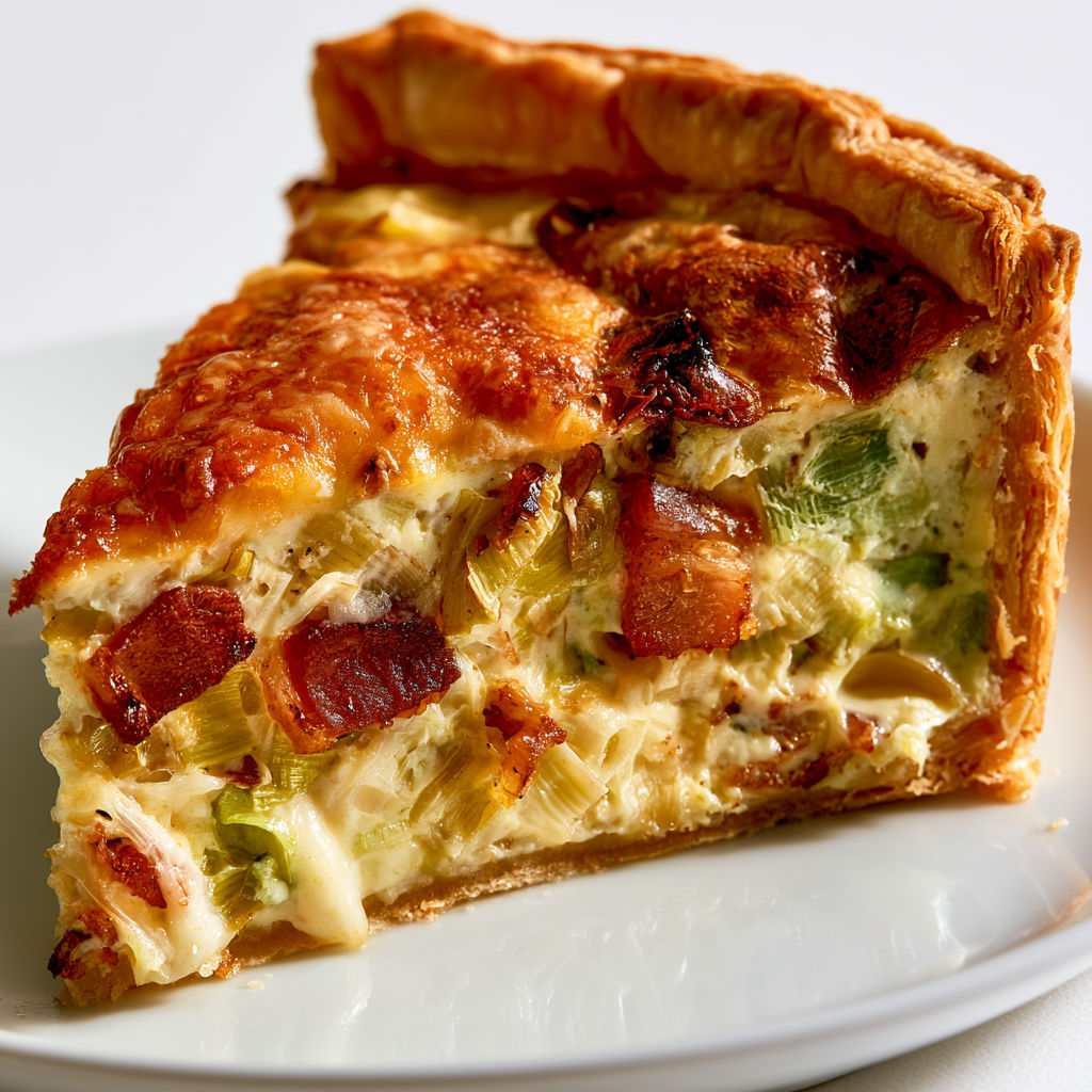 Tarte aux poireaux et lardons dorée au fromage, idéale pour un repas généreux.