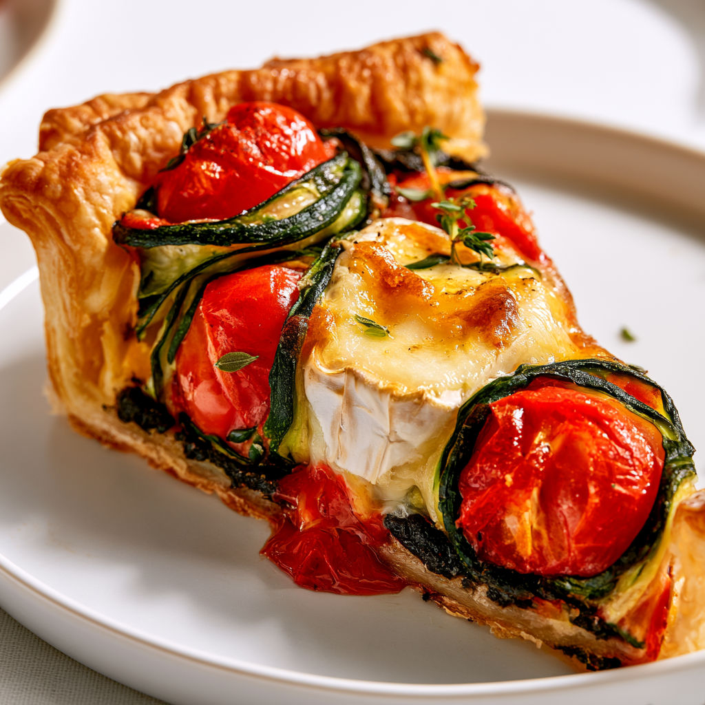 Tarte aux légumes fleurs, chèvre et tomates sur pâte feuilletée.