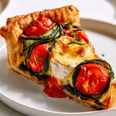 Tarte aux légumes fleurs, chèvre et tomates sur pâte feuilletée.