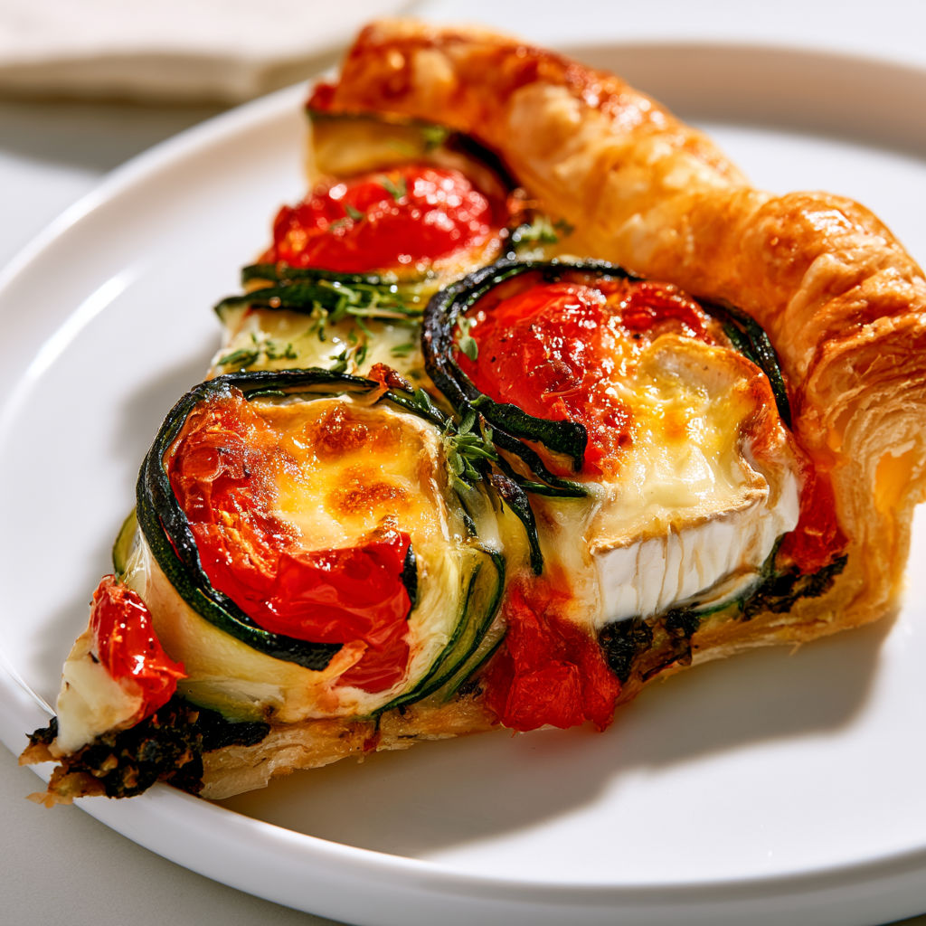 Tarte d’été courgettes fleurs chèvre et tomates cerises bien gourmandes.