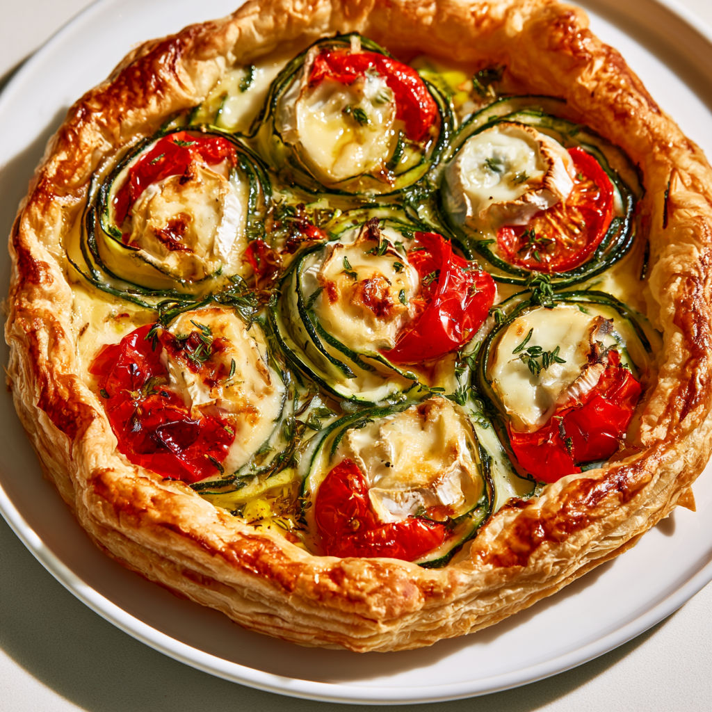 Jolie tarte aux courgettes, chèvre et tomates cerises pour partager l’été à table.