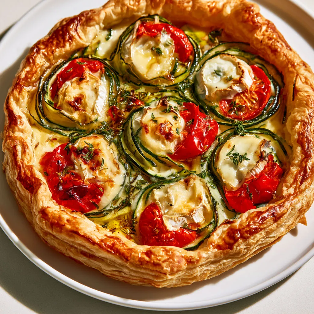 Jolie tarte aux courgettes, chèvre et tomates cerises pour partager l’été à table.