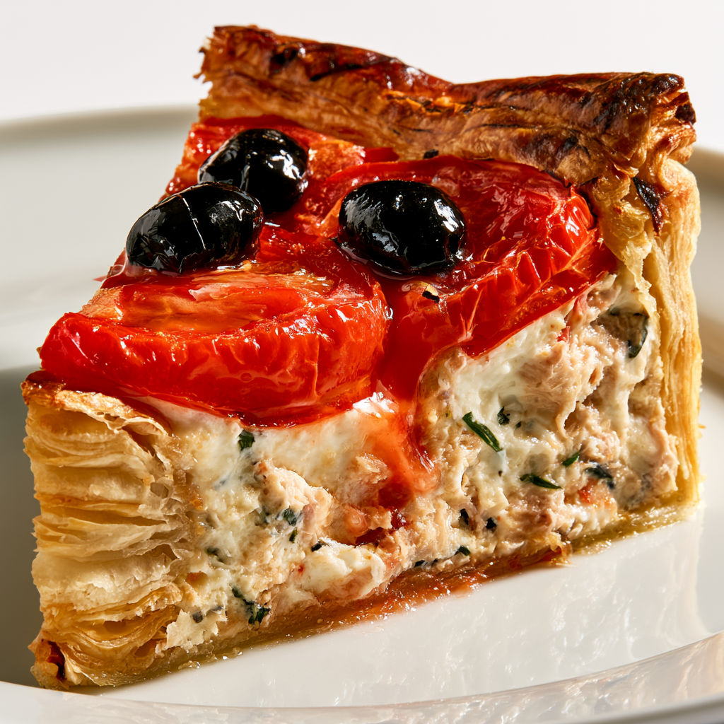 Une tarte gourmande avec du thon, des tomates juteuses et une touche de mascarpone sur la table.