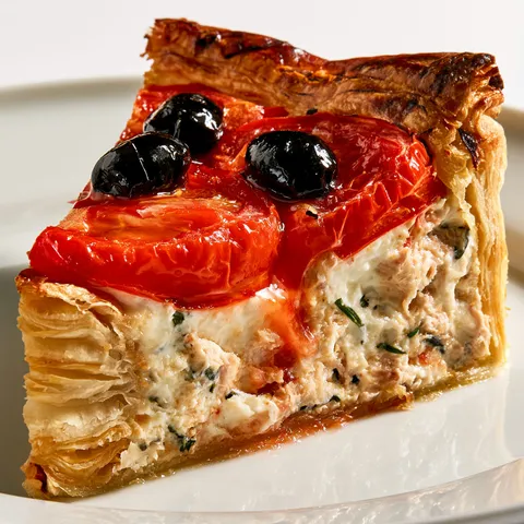 Une tarte gourmande avec du thon, des tomates juteuses et une touche de mascarpone sur la table.