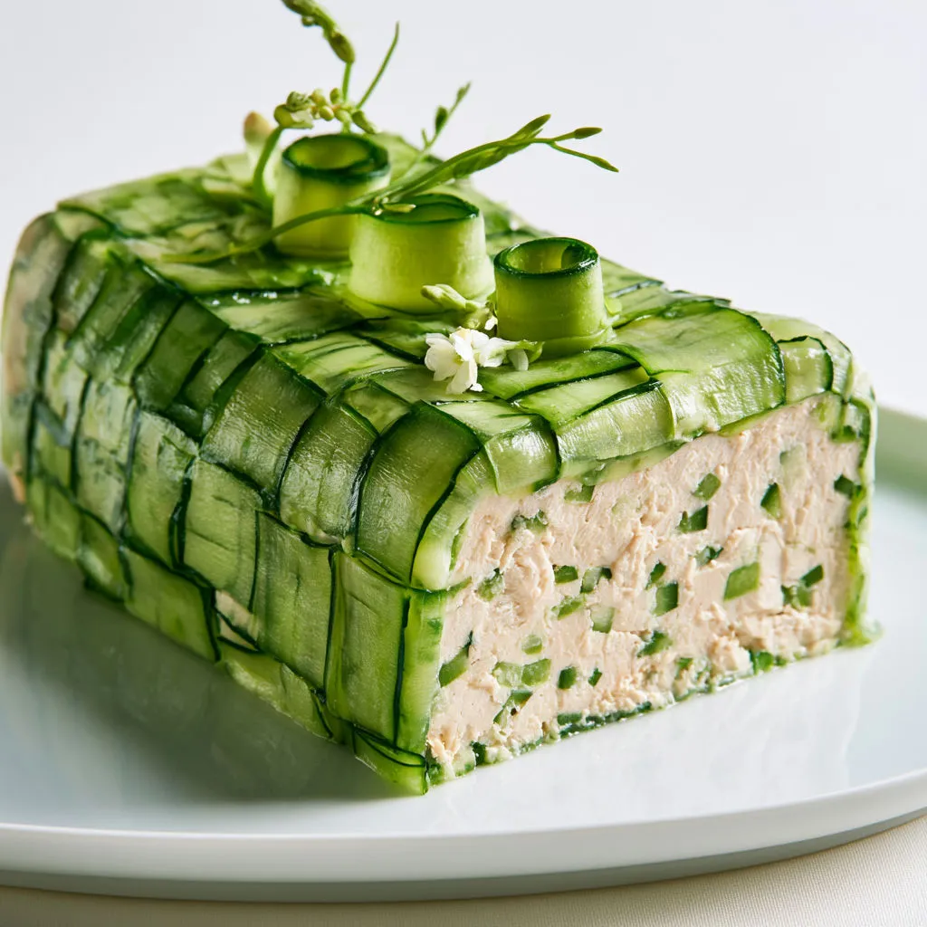Un plat frais de terrine poulet-courgettes, coloré et appétissant, présenté dans une jolie assiette.