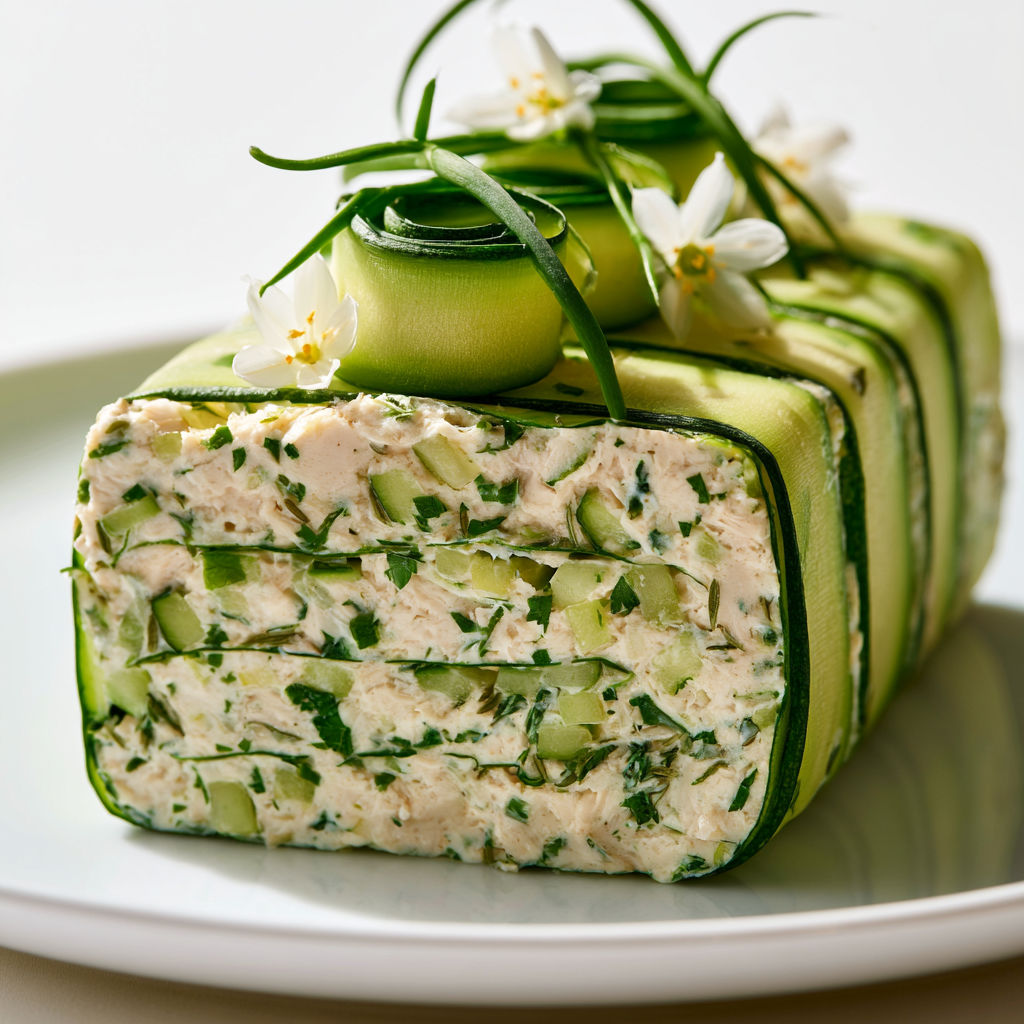 Terrine maison poulet courgette parmesan, entrée élégante et savoureuse.
