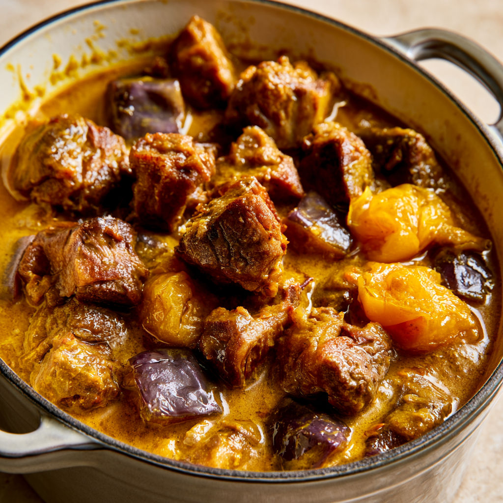 Colombo de veau parfumé avec aubergine et tomates bien en sauce.
