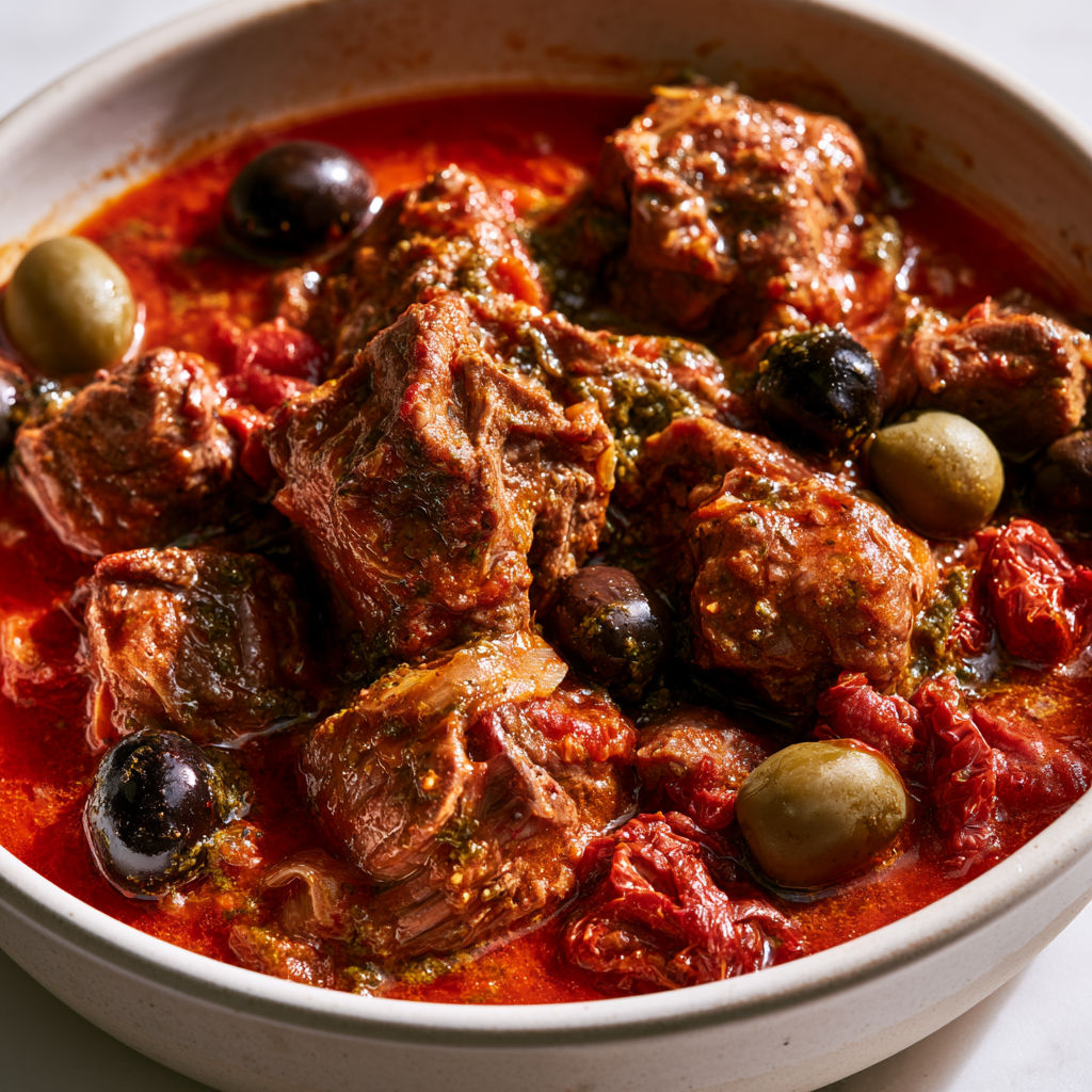 Plat de veau aux olives et pesto rosso bien mijoté, riche en goût.