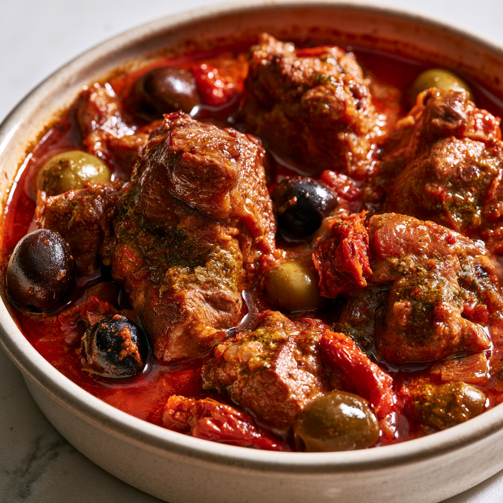 Veau mijoté ultra fondant aux olives, tomates confites et pesto rosso.