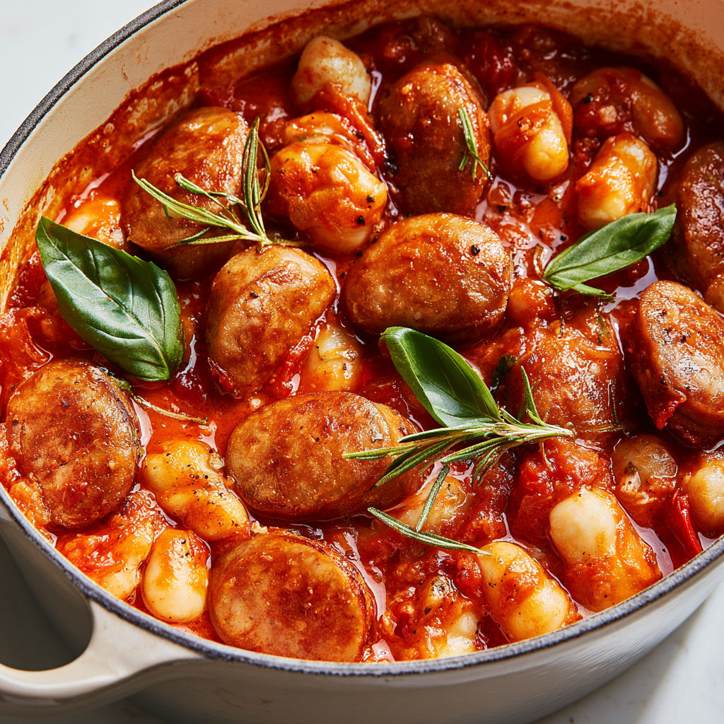 Un plat de saucisses dorées et haricots dans une sauce tomate épicée.