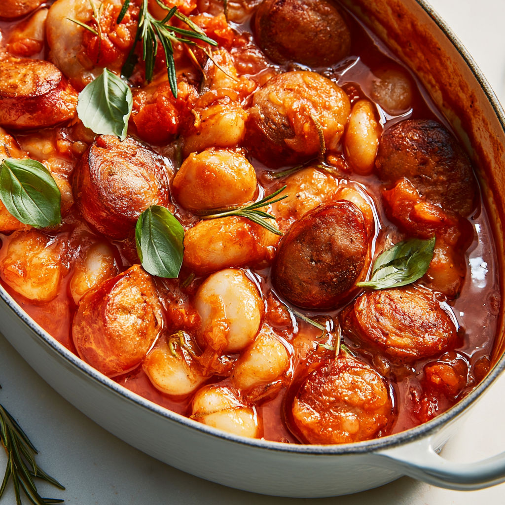 Saucisses épicées et haricots coco dans une sauce tomate bien maison.