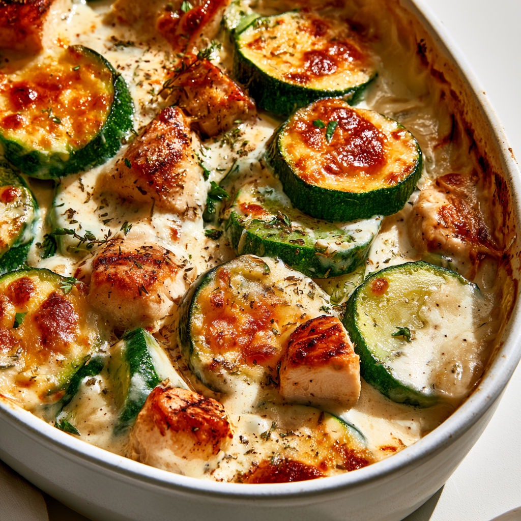 Gratin de courgettes avec poulet, légumes verts et herbes fraîches