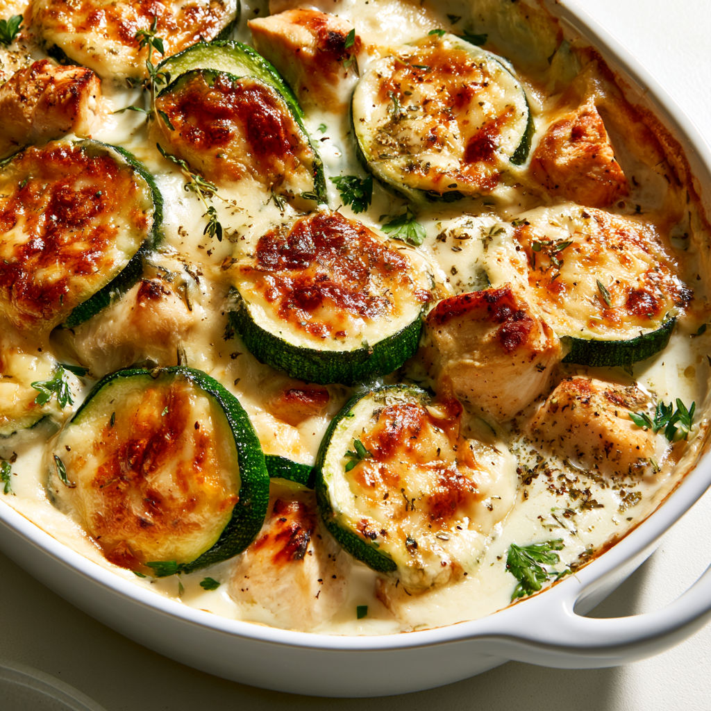 Plat gratiné avec des courgettes, du poulet et une sauce crémeuse au fromage.