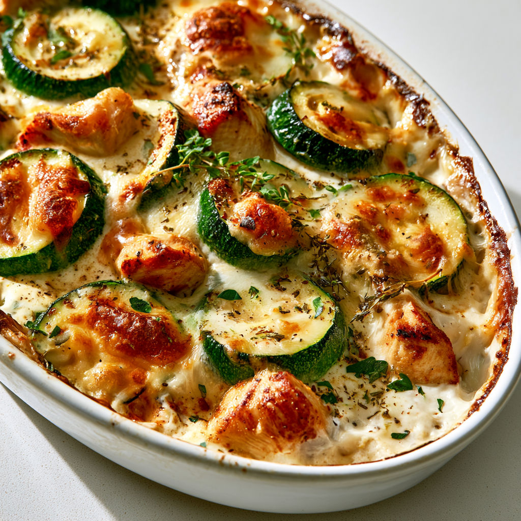Gratin maison aux courgettes et poulet avec une croûte bien dorée.
