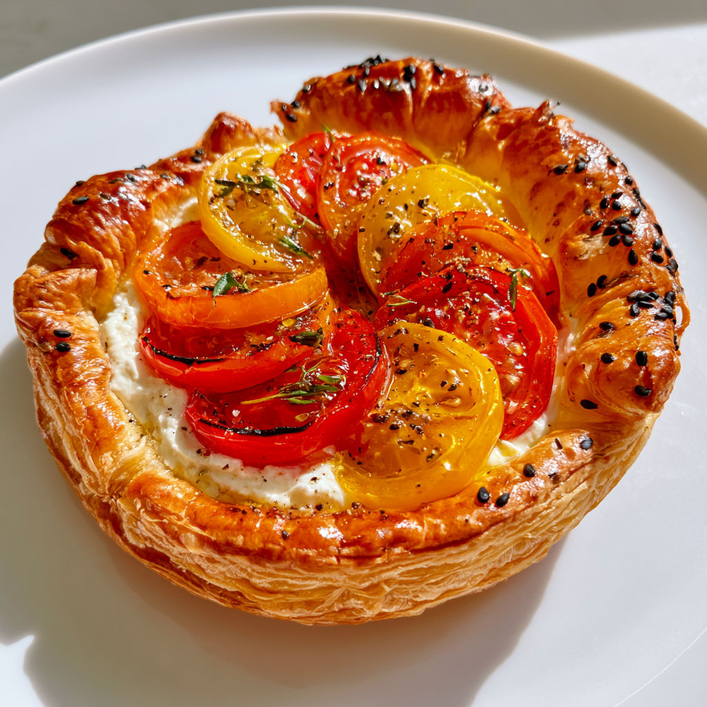 Mini bouchées feuilletées aux tomates colorées, ricotta et thym frais, parfaites pour l’apéro.