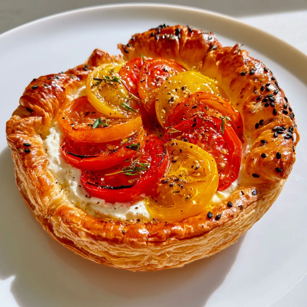 Mini bouchées feuilletées aux tomates colorées, ricotta et thym frais, parfaites pour l’apéro.