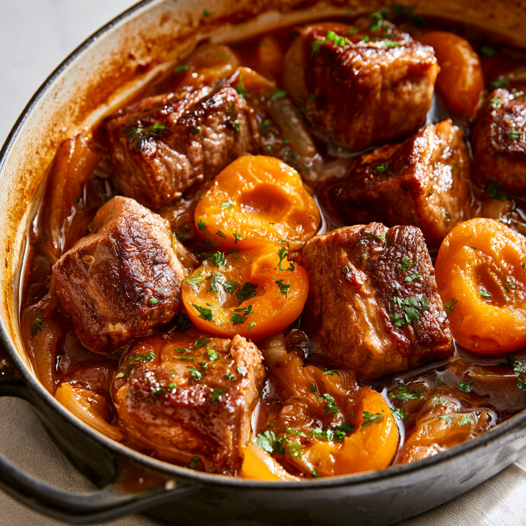 Porc sauté aux abricots, touche de sauce soja et citron vert, saveurs sucré-salé.