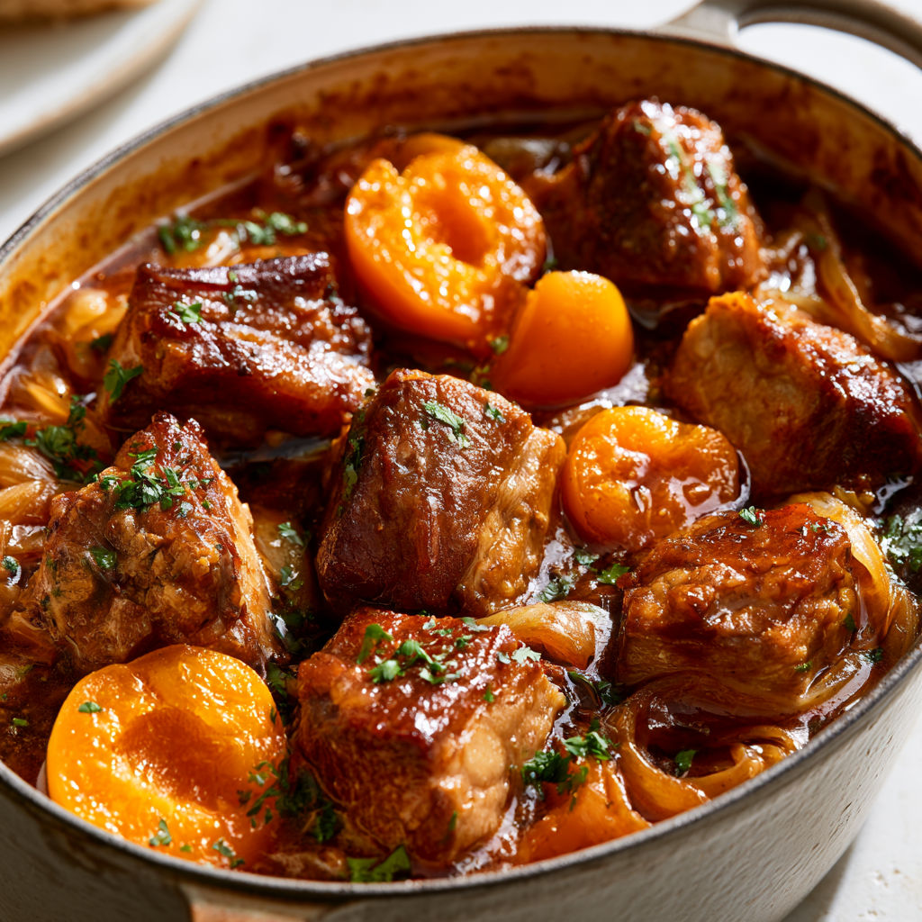 Un sauté de porc aux abricots fondants, avec un peu de miel et sauce soja.